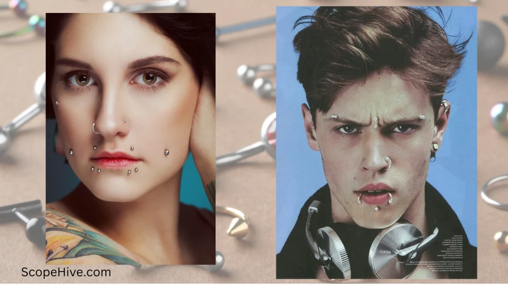 A variety of face piercings, including nose rings, lip piercings, eyebrow studs, and cheek dermals
