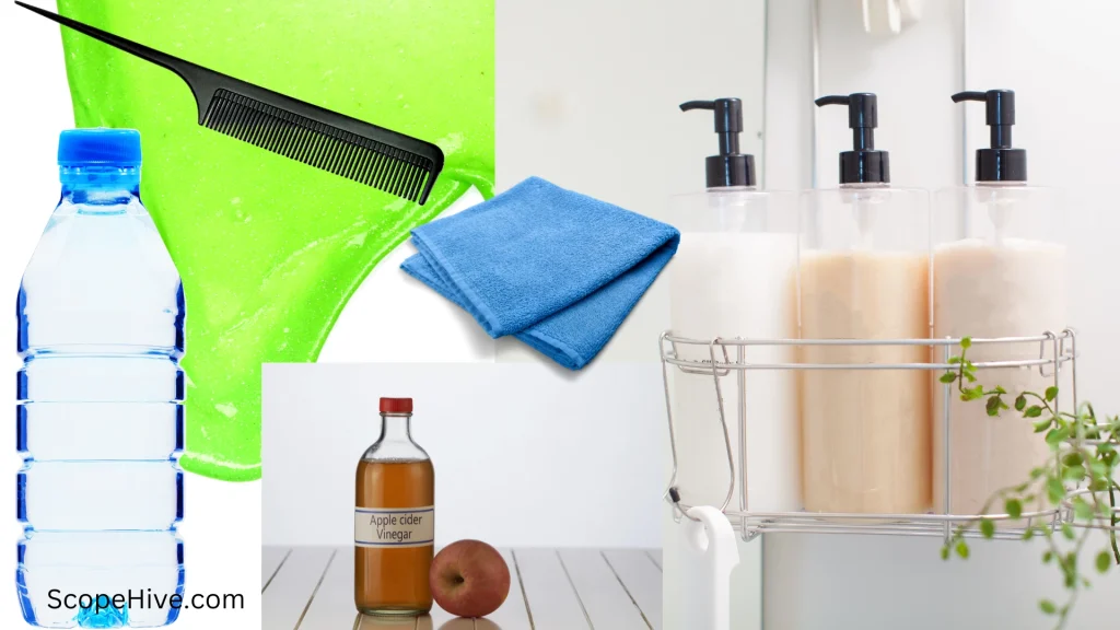Displaying things like comb, vinegar, water, conditioner, towel to remove slime out of hair