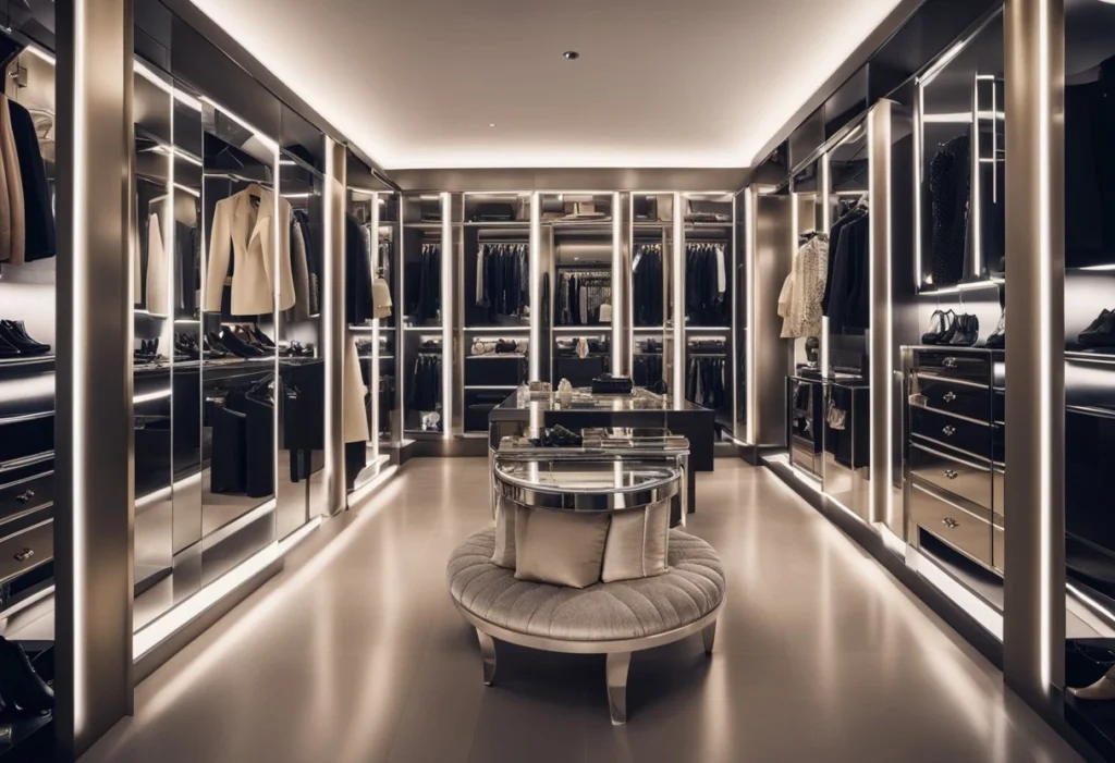 A model's dressing room, filled with racks of designer clothes, shoes, and accessories. 