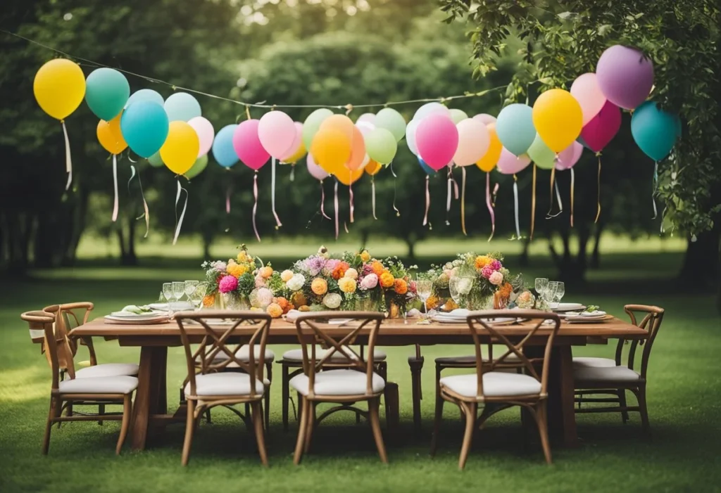 A group of colorful balloons and streamers adorning a serene outdoor setting with a table set for a celebration of life