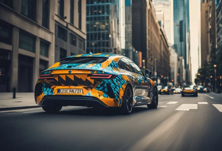 A sleek, modern car with a vibrant, eye-catching vehicle wrap, driving through a bustling city street