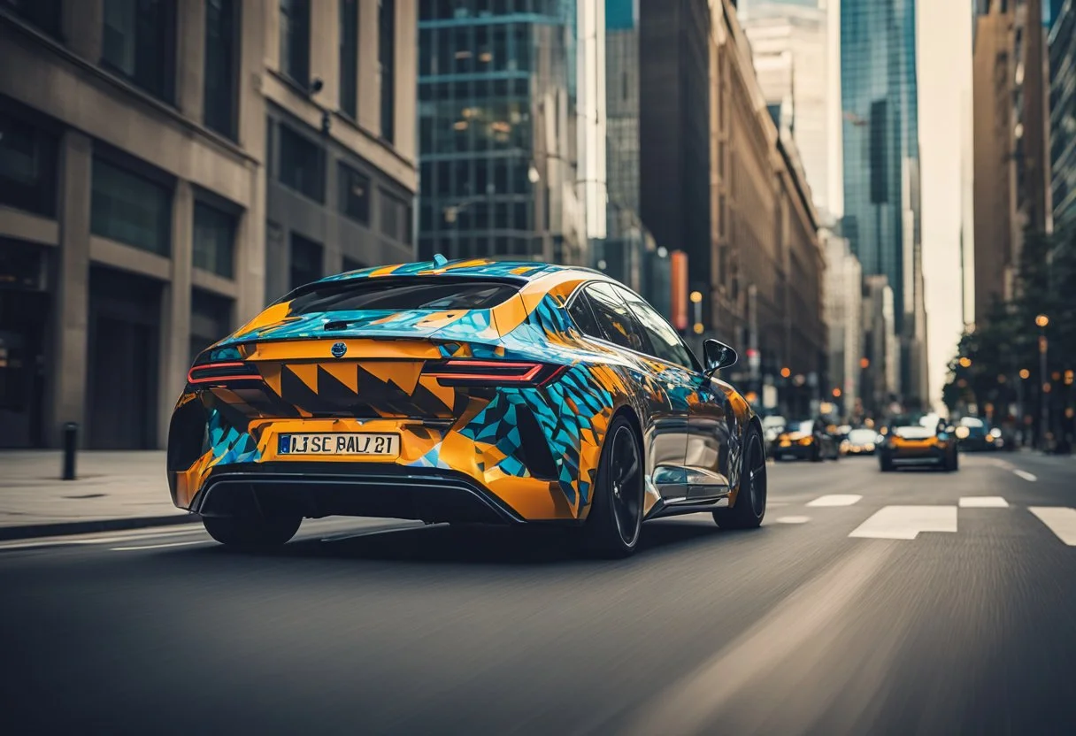 A sleek, modern car with a vibrant, eye-catching vehicle wrap, driving through a bustling city street