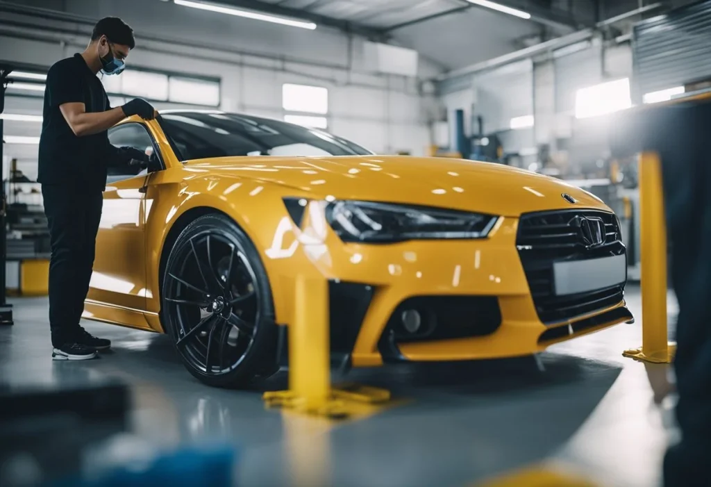 A car being carefully wrapped in a protective film by a professional technician in a clean and well-lit workshop