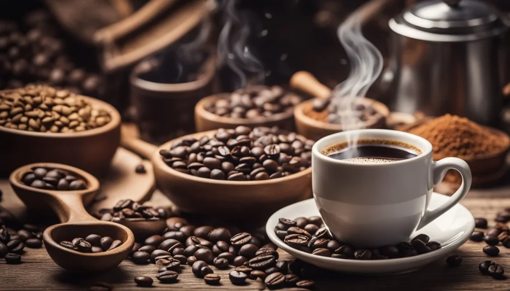 A steaming cup of coffee surrounded by various types of coffee beans and brewing equipment on a rustic wooden table