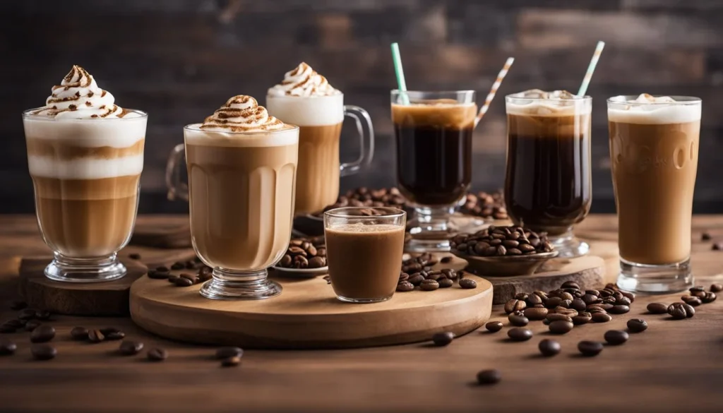 A table with various cold coffee drinks, including iced lattes, frappuccinos, and cold brew, surrounded by coffee beans and decorative glassware