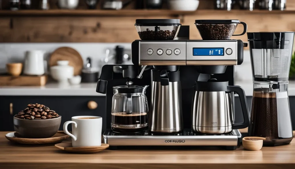 A variety of coffee makers arranged on a kitchen counter, including a French press, pour-over, drip machine, and espresso maker