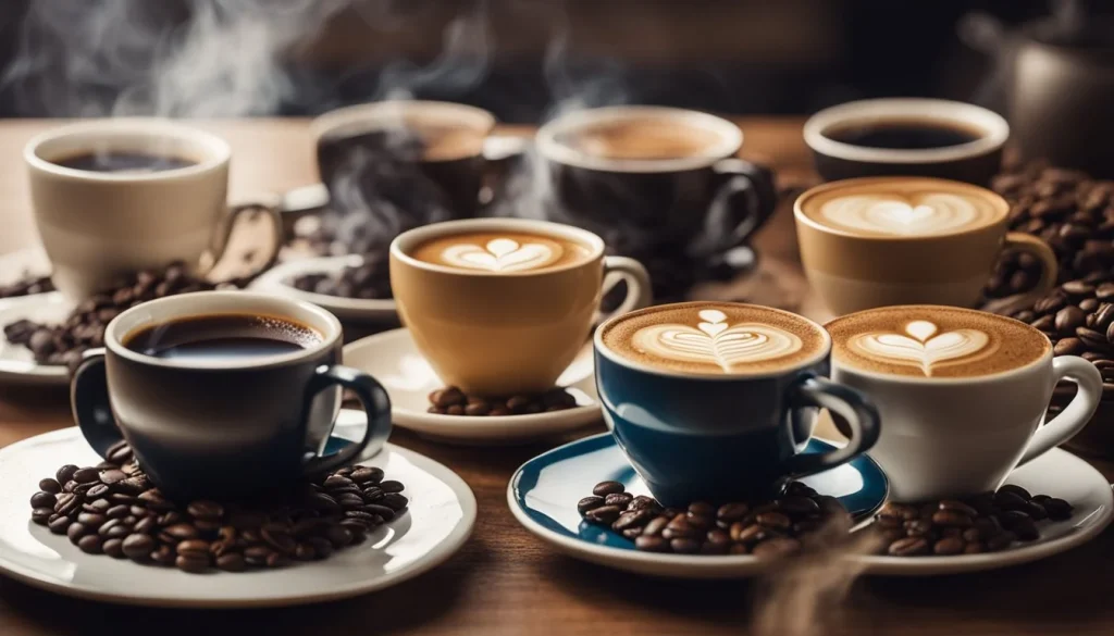A steaming cup of decaf coffee sits on a saucer, surrounded by various types of coffee beans in different shades and sizes
