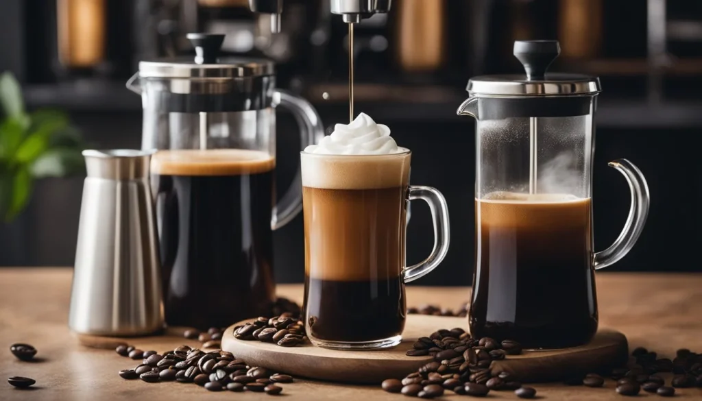 A steaming cup of espresso sits next to a towering mug of cold brew, both surrounded by coffee beans and a variety of brewing equipment