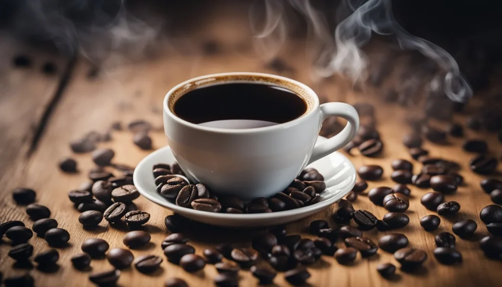 A steaming cup of espresso surrounded by dark roasted coffee beans