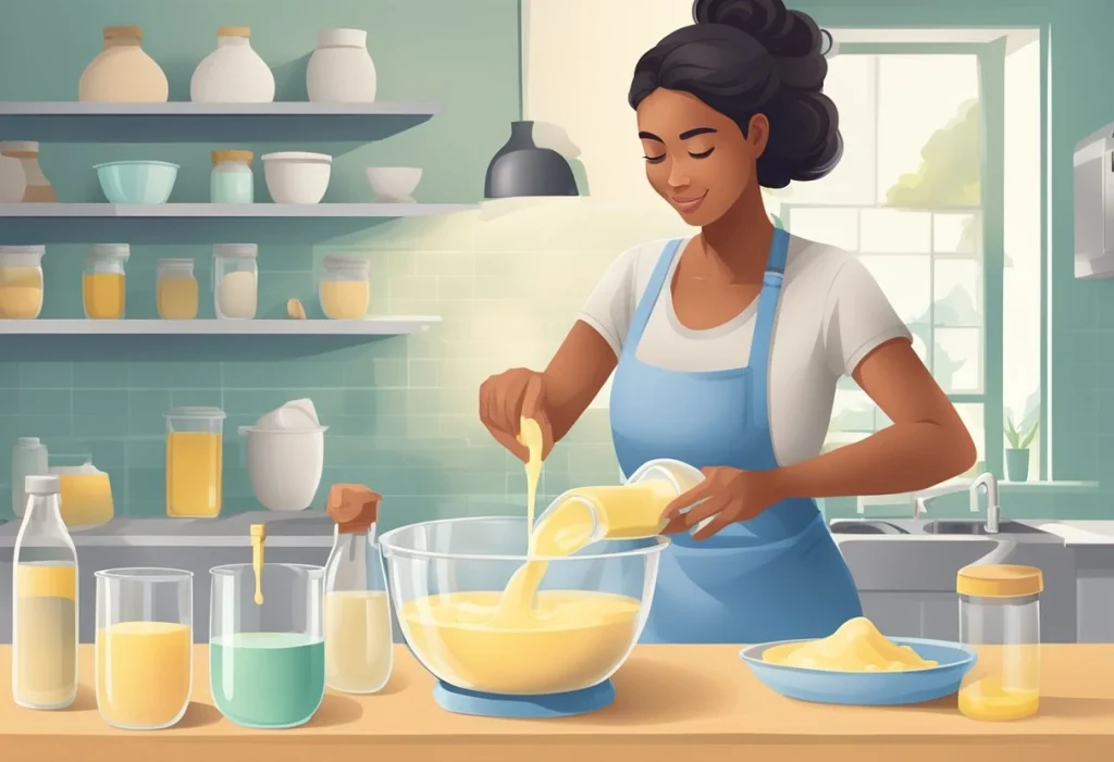 A woman pouring breast milk into a mixing bowl, adding lye and oils, stirring the mixture, and pouring it into molds to set