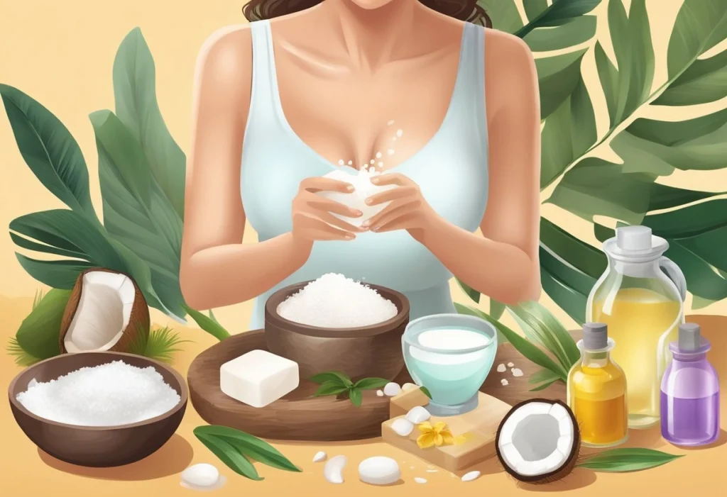 A woman pours breast milk into a soap-making mold, surrounded by natural ingredients like coconut oil and essential oils