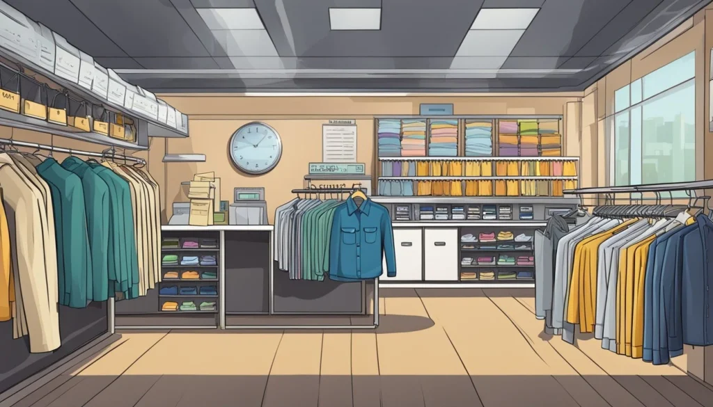 A neatly organized dry cleaning store with racks of clothing, a counter with a cash register, and a sign displaying various prices for different items