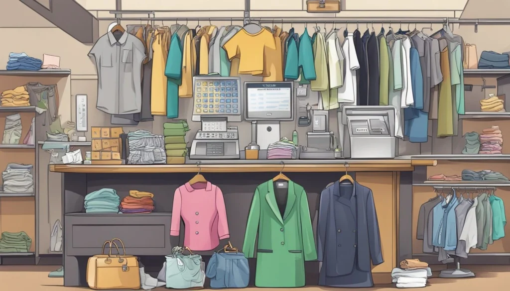 A cluttered counter with a variety of clothing items, a price list, and a cash register, with a sign displaying dry cleaning costs