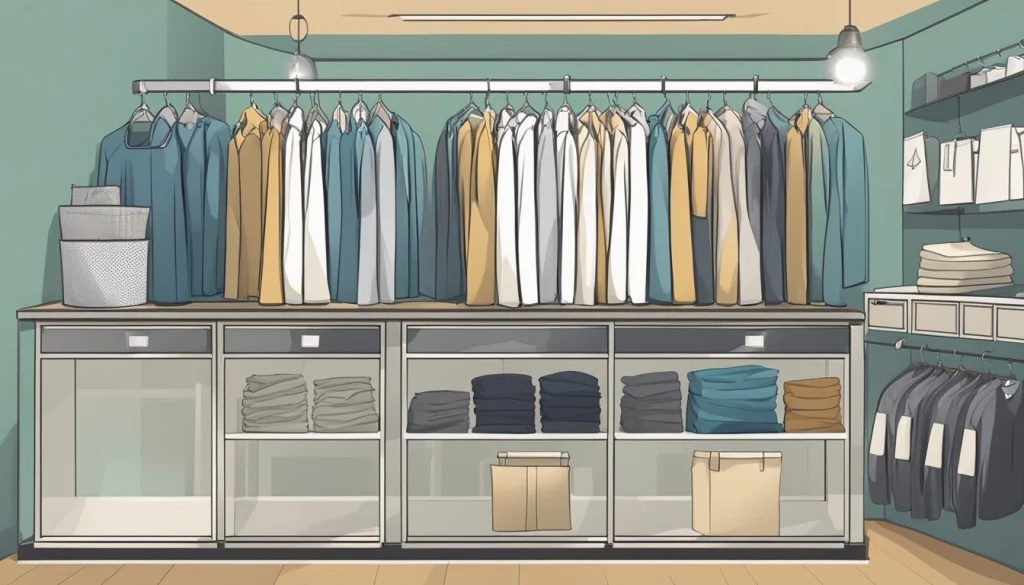 A cluttered counter with a variety of clothing items, a price list, and a cash register, with a sign displaying dry cleaning costs
