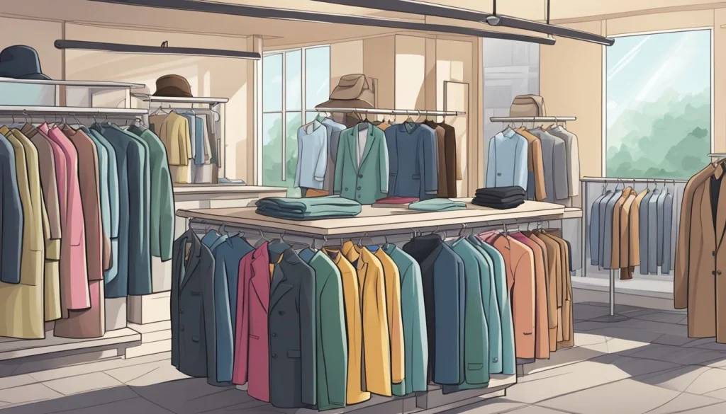 A pile of clothing items, including suits, dresses, and coats, are neatly arranged on a counter at a dry cleaning shop