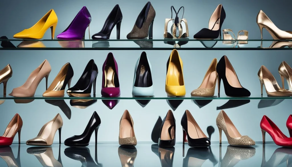 A collection of various types of heels arranged in a neat row on a sleek, reflective surface