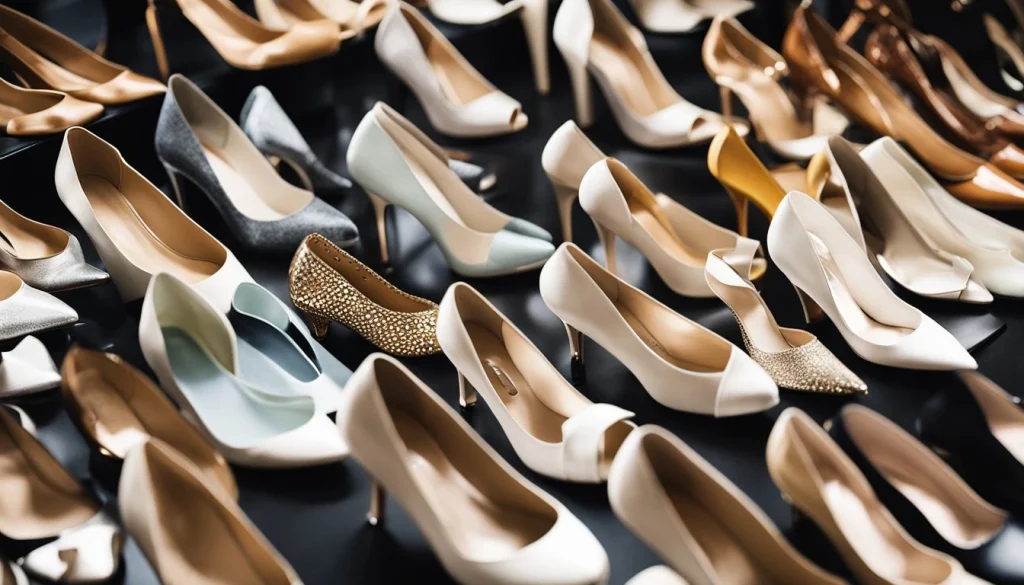 A collection of various toe shapes and types of heels arranged on a table for reference
