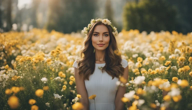 A woman with heart-shaped face surrounded by blooming flowers
