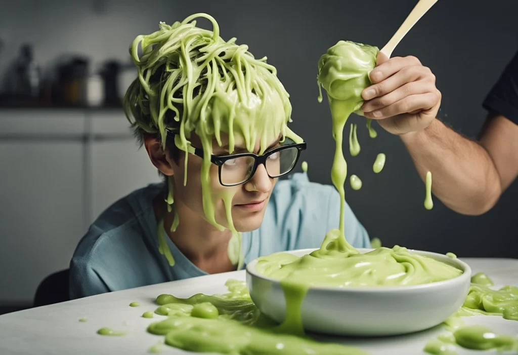A jar of mayonnaise being applied to a tangled mess of slime-infested hair, with a hopeful expression on the face of the person doing the application