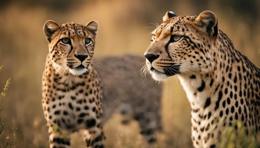 A leopard and a cheetah face off in a grassy savanna, their distinctive prints blending into the surrounding foliage