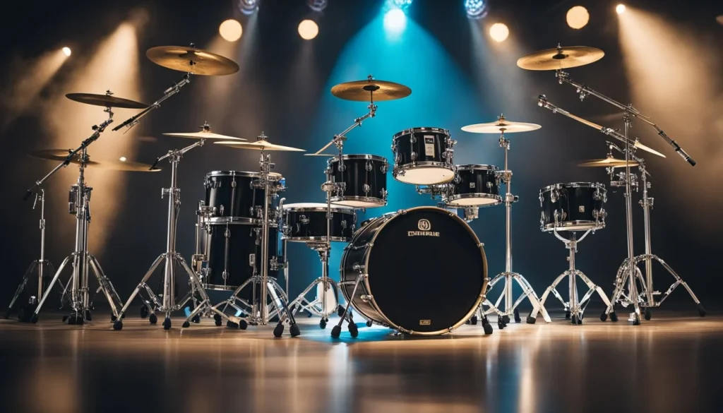 A drum set with a bass drum, snare drum, tom-toms, and cymbals arranged in a semi-circle on a stage