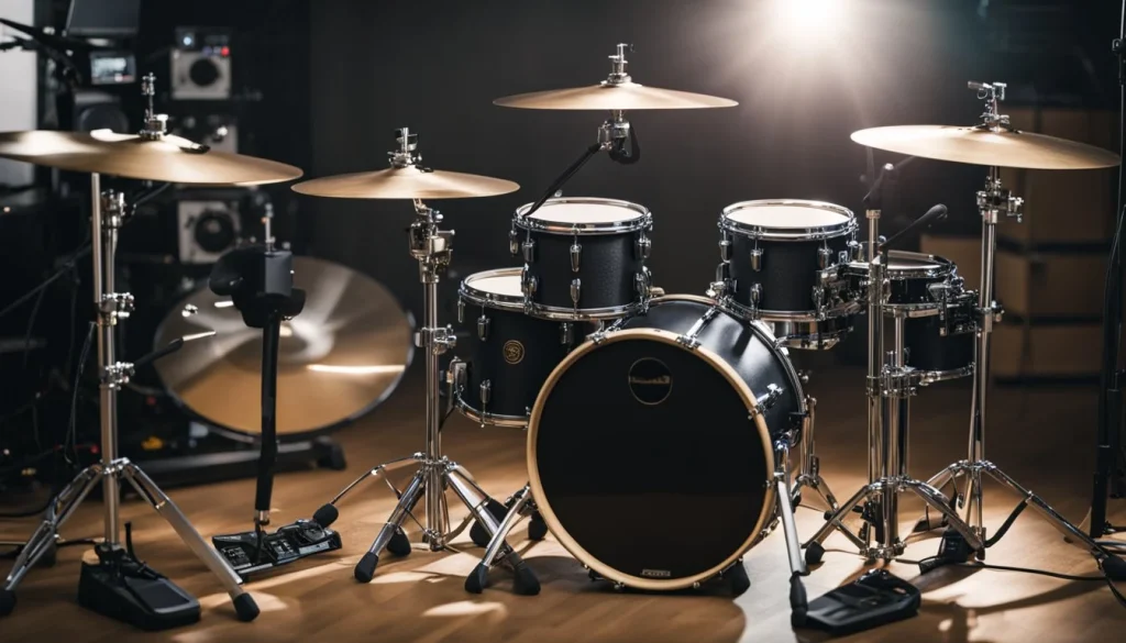 An array of electronic drums, including pad, kick, and cymbal, arranged in a studio setting with cables and a drum module