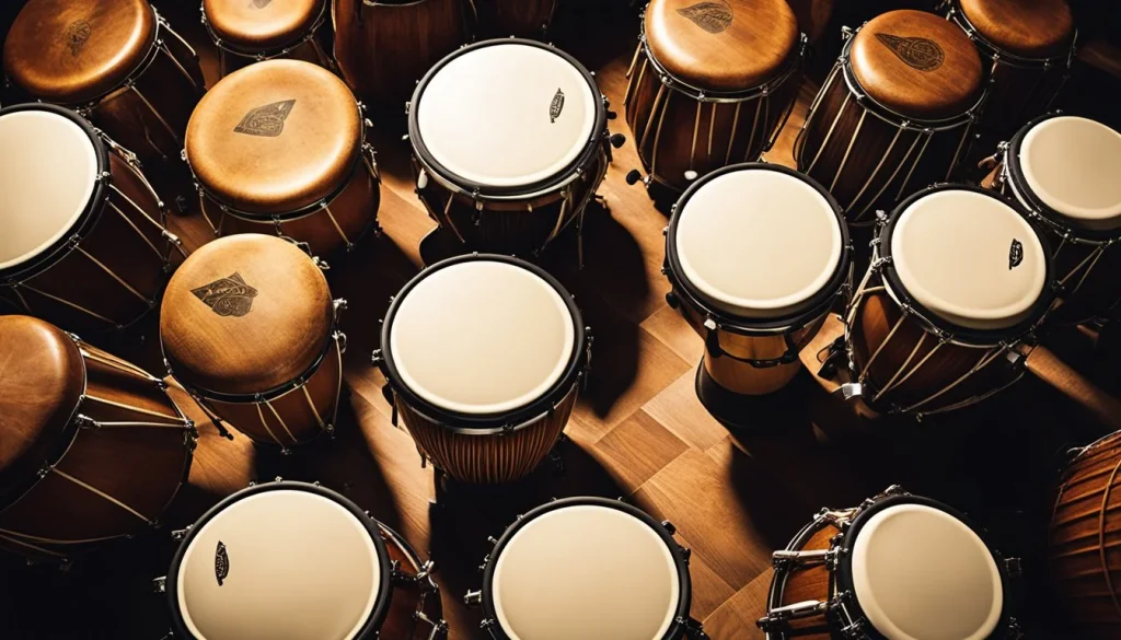 A variety of drums, including bongos, congas, and djembes, are arranged in a circle, ready to be played