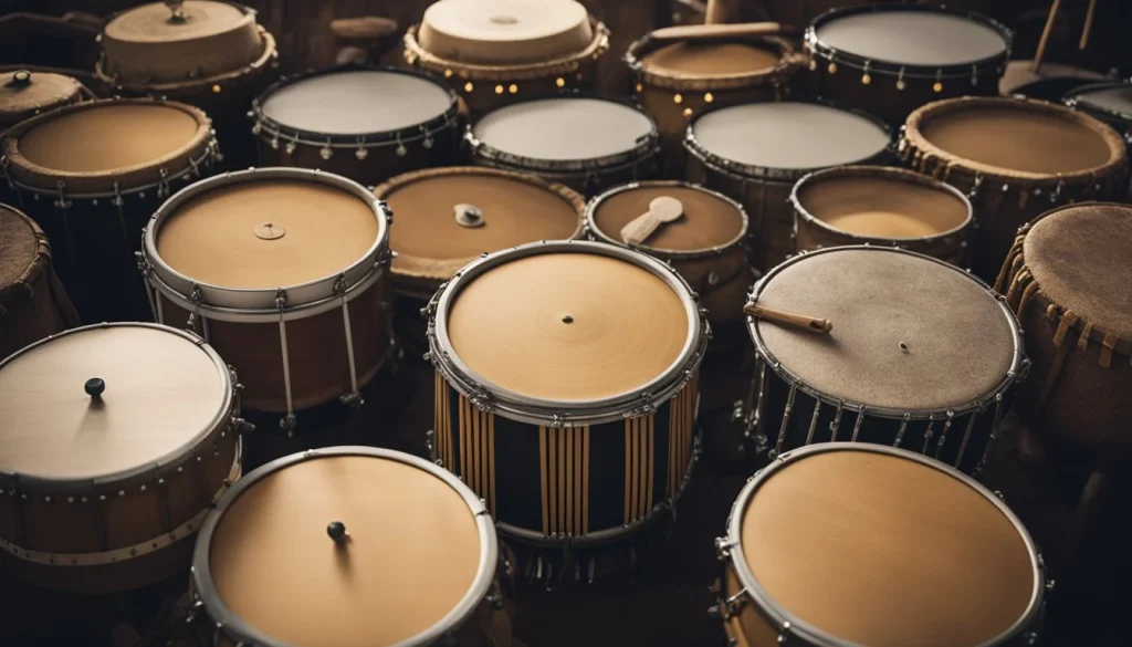 A variety of drums from different cultures are arranged in a circle, each representing the unique cultural significance of their respective traditions