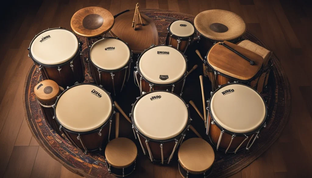 A collection of various drums from around the world, including djembes, congas, and taiko, arranged in a circle with drumsticks scattered around