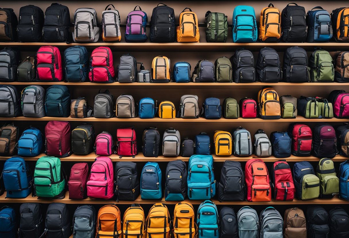 different types of backpacks arranged in a rack