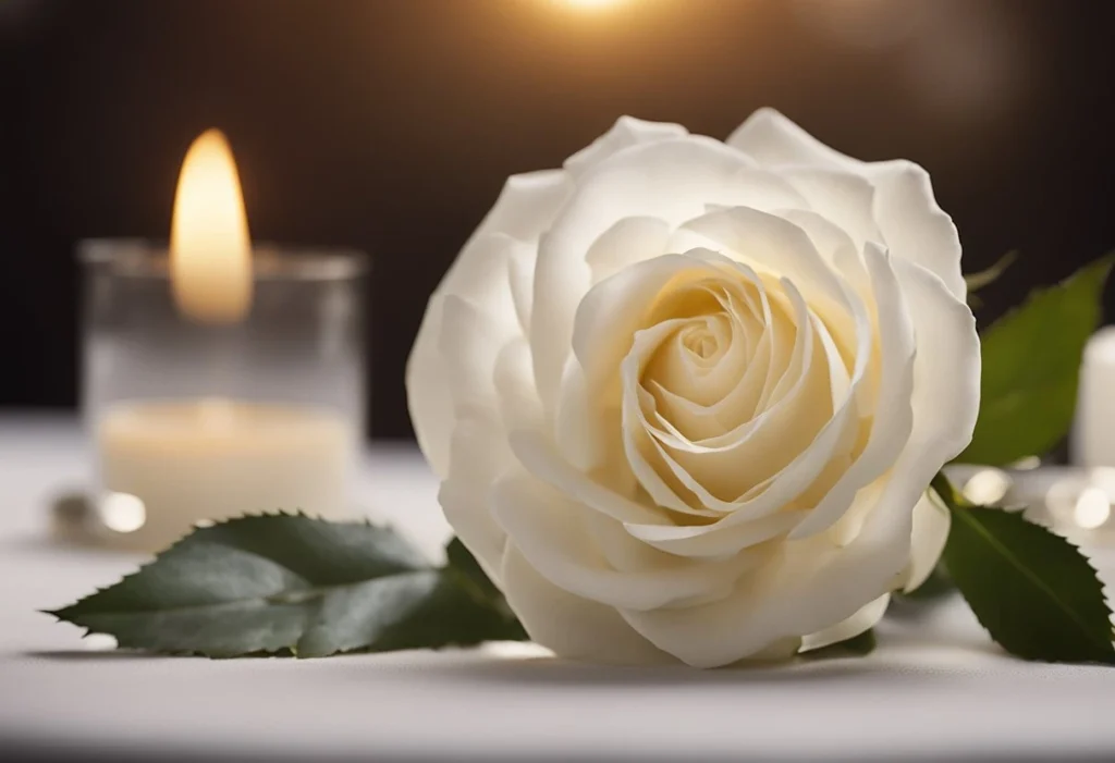 A single white rose placed on a table, surrounded by soft candlelight, symbolizing purity and innocence in a romantic relationship
