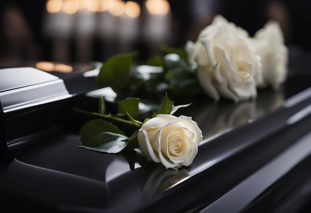 A single white rose placed on a black casket, surrounded by solemn mourners in dark clothing