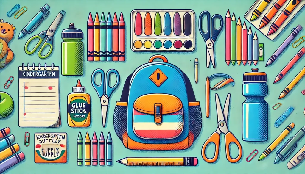 A well-organized kindergarten supply list on a colorful background, featuring a backpack, crayons, glue sticks, scissors, pencils, and a water bottle, all laid out neatly, representing essential items for kindergarten preparation.