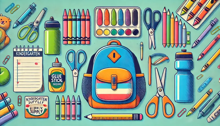 A well-organized kindergarten supply list on a colorful background, featuring a backpack, crayons, glue sticks, scissors, pencils, and a water bottle, all laid out neatly, representing essential items for kindergarten preparation.