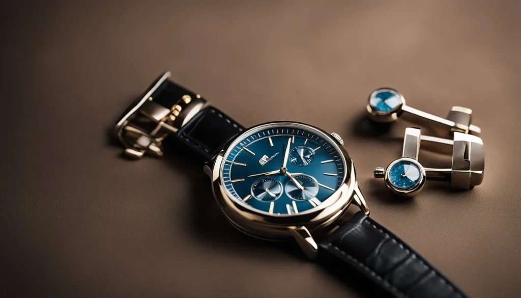 A wristwatch laid out on a flat surface, with a pair of elegant cufflinks and a leather strap nearby