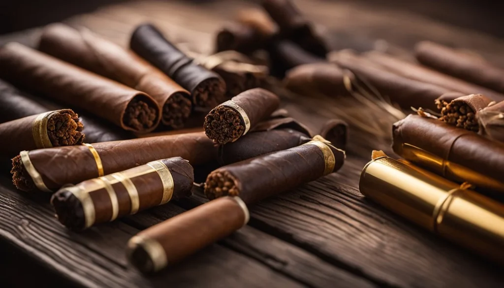 different types of cigars arranged on a wooden table with a lit match nearby